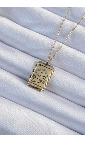 316L Çelik Zincir Eskitme Altın Renk Ay Figürlü Tarot Kolye