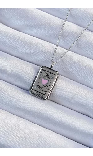 316L Çelik Zincir Eskitme Gümüş Renk Pembe Mineli Kalp Figürlü Tarot Kolye