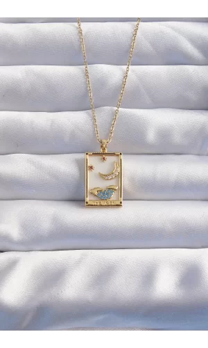 316L Çelik Zincir Gold Renk Ay Detay Mavi Zirkon Taşlı Tarot Kolye
