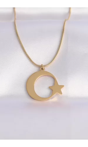 316L Çelik Zincir Gold Renk Ay Yıldız Unisex Kolye