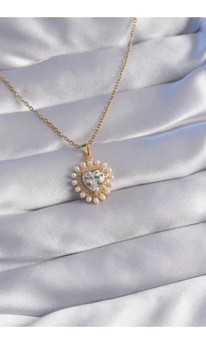 316L Çelik Zincir Gold Renk İncili Zirkon Taşlı Kalp Tasarımlı Kolye