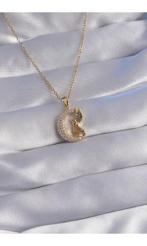 316L Çelik Zincir Gold Renk Kuş Figürlü Zirkon Taşlı Ay Tasarımlı Kolye