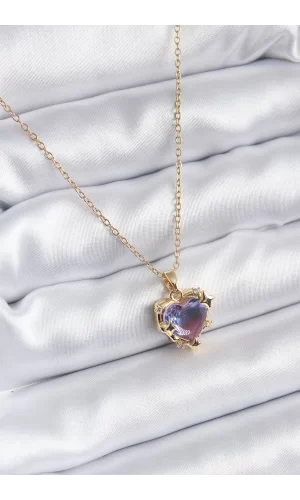 316L Çelik Zincir Gold Renk Mor Renk Zirkon Taşlı Kalp Model Kadın Kolye