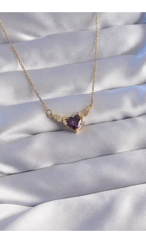 316L Çelik Zincir Gold Renk Mor Zirkon Taşlı Kanatlı Kalp Kolye