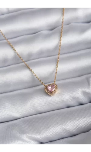316L Çelik Zincir Gold Renk Pembe Zirkon Taşlı Charm Kadın Kolye