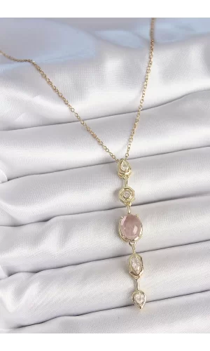 316L Çelik Zincir Gold Renk Pembe Zirkon Taşlı Y Kolye