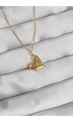 316L Çelik Zincir Gold Renk Renkli Zirkon Taşlı Kalp Kolye