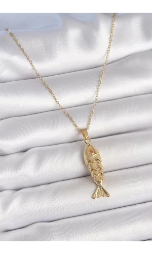 316L Çelik Zincir Gold Renk Zirkon Taşlı Balık Figürlü Kolye