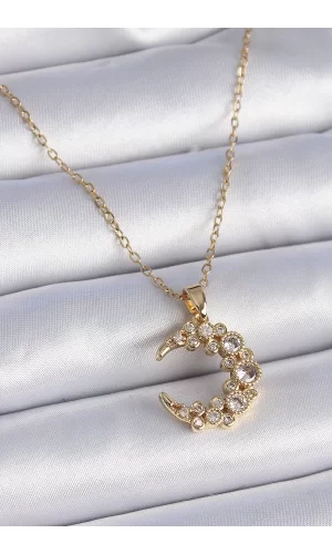 316L Çelik Zincir Gold Renk Zirkon Taşlı Hilal Model Kadın Kolye