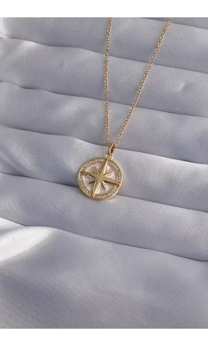316L Çelik Zincir Gold Renk Zirkon Taşlı Kutup Yıldızı Kolye