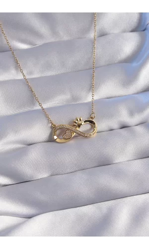 316L Çelik Zincir Gold Renk Zirkon Taşlı Pati ve Kalp Detaylı Sonsuzluk Kolye