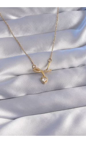 316L Çelik Zincir Gold Renk Zirkon Taşlı Yarım Fiyonk Kalp Kolye