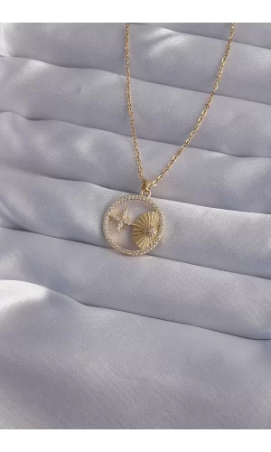 316L Çelik Zincir Gold Renk Zirkon Taşlı Yıldız Figürlü Oval Kolye