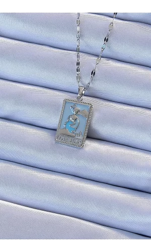 316L Çelik Zincir Gümüş Renk Mavi Mineli Tarot Kolye