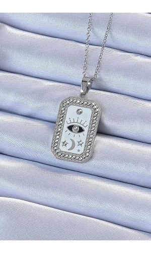 316L Çelik Zincir Gümüş Renk Mineli Zirkon Taşlı Göz Figür Tarot Kolye