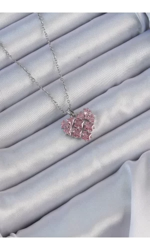 316L Çelik Zincir Gümüş Renk Pembe Parçalı Zirkon Taşlı Kalp Kolye