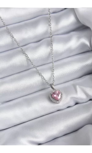 316L Çelik Zincir Gümüş Renk Pembe Zirkon Taş Charm Model Kadın Kolye