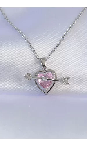 316L Çelik Zincir Gümüş Renk Pembe Zirkon Taşlı Eros Kolye