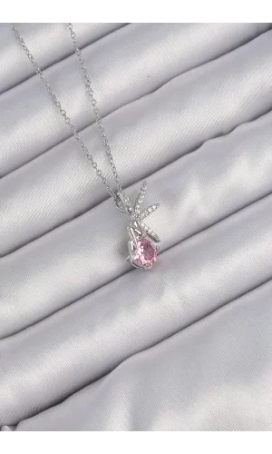 316L Çelik Zincir Gümüş Renk Pembe Zirkon Taşlı Peri Kolye