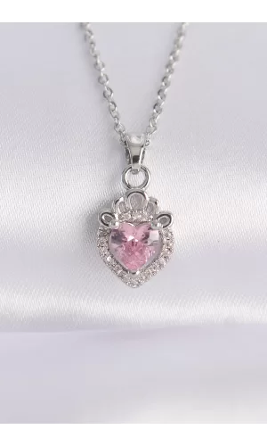 316L Çelik Zincir Gümüş Renk Pembe Zirkon Taşlı Rapunzel Kolye