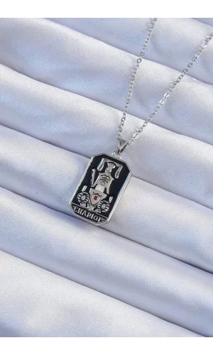 316L Çelik Zincir Gümüş Renk Siyah Mineli Tarot Kolye