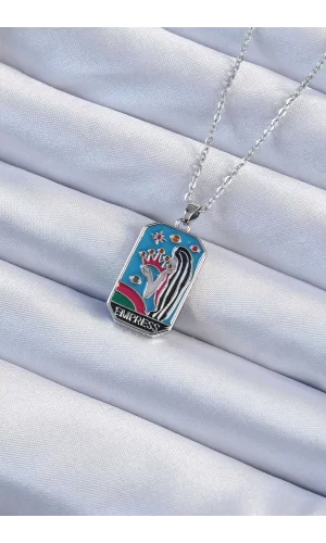 316L Çelik Zincir Gümüş Renk Taç ve Kız Figürlü Renkli Mineli Tarot Kolye