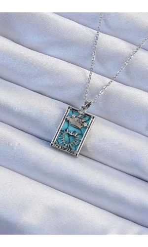 316L Çelik Zincir Gümüş Renk Zirkon Taşlı Mavi Mermer Desenli Taç Model Tarot Kolye