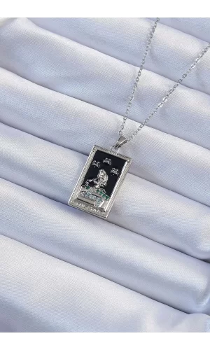 316L Çelik Zincir Gümüş Renk Zirkon Taşlı Siyah Mineli Kız Figürlü Tarot Kolye