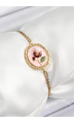 316L Çelik Zincir Pembe Mineli Sanatsal Portre İnci Detaylı Lale Model Gold Renk Kadın Bileklik