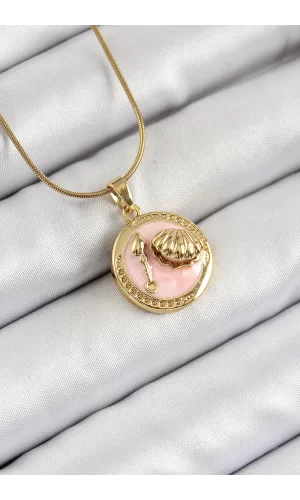 316L Çelik Zincir Pembe Mineli Sanatsal Portre İstiridye Model Gold Renk Kadın Kolye