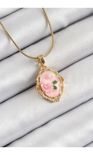 316L Çelik Zincir Pembe Sanatsal Portre İnci Detaylı Gül Figürlü Model Gold Renk Kadın Kolye
