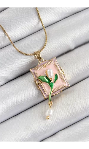 316L Çelik Zincir Pembe Sanatsal Portre Sallantılı İnci Detaylı Lale Model Gold Renk Kadın Kolye