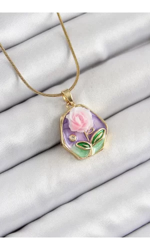 316L Çelik Zincir Zirkon Taşlı Pembe Ve Mor Sanatsal Portre Gül Figürlü Beşgen Model Gold Renk Kadın Kolye