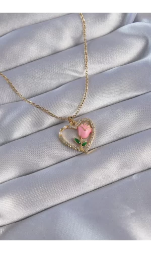 316L Çelik Zincirli Gold Renk Zirkon Taşlı Kalp İçinde Pembe Gül Tasarımlı Kolye