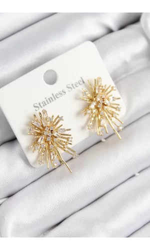 316L Çelik Zirkon Taşlı Aurora Işıltı Model Gold Renk Kadın Küpe