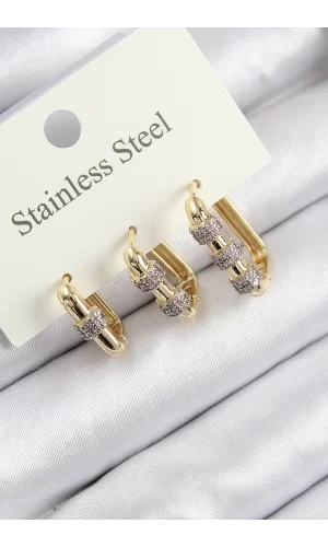 316L Çelik Zirkon Taşlı Dikdörtgen Model Gold Renk 3lü Set Kadın Küpe