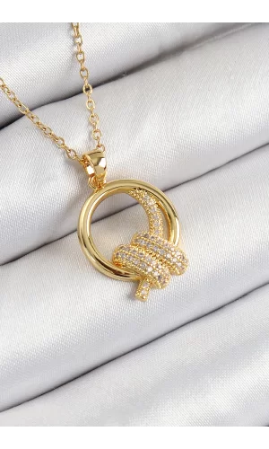 316L Çelik Zirkon Taşlı Düğüm Model Gold Renk Kadın Kolye