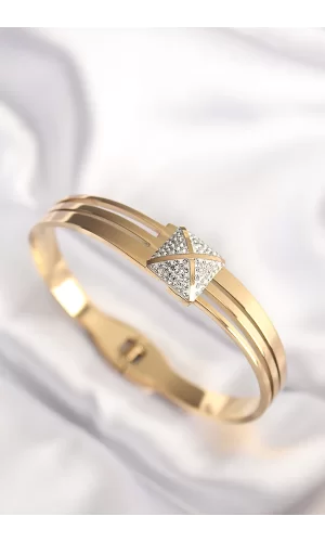 316L Çelik Zirkon Taşlı Gold Renk Kadın Kelepçe Bilezik