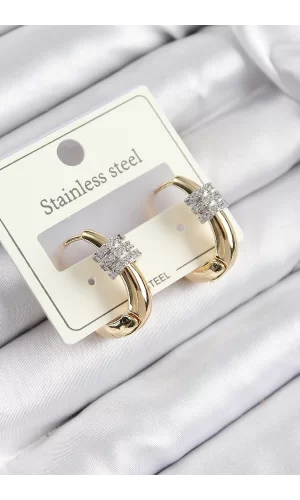 316L Çelik Zirkon Taşlı Halka Model Gold Renk Kadın Küpe