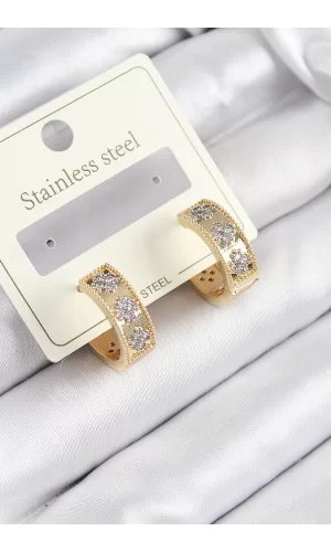 316L Çelik Zirkon Taşlı Halka Model Gold ve Gümüş Renk Kadın Küpe