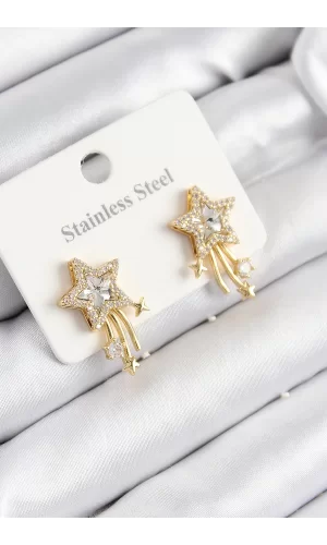 316L Çelik Zirkon Taşlı Kayan Yıldız Model Gold Renk Kadın Küpe
