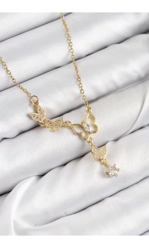 316L Çelik Zirkon Taşlı Kelebek Model Gold Renk Kadın Kolye