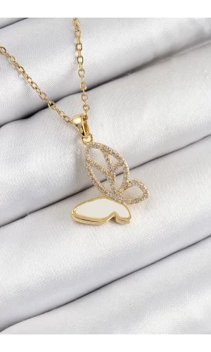 316L Çelik Zirkon Taşlı Kelebek Model Gold Renk Kadın Kolye