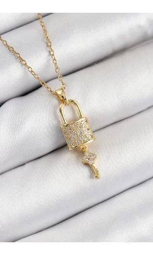 316L Çelik Zirkon Taşlı Kilit Ve Sallantılı Anahtar Model Gold Renk Kadın Kolye