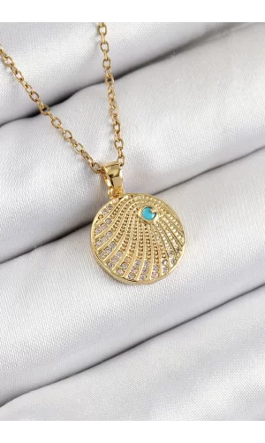 316L Çelik Zirkon Taşlı Madalyon Model Gold Renk Kadın Kolye