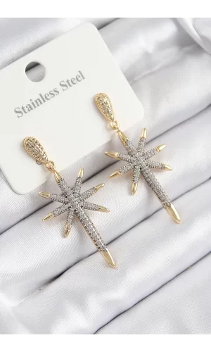 316L Çelik Zirkon Taşlı Pusula Yıldızı Model Gold Ve Gümüş Renk Kadın Küpe