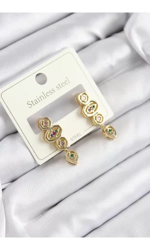 316L Çelik Zirkon Taşlı Sallantılı Geometrik Model Gold Renk Kadın Küpe