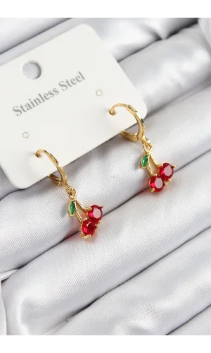 316L Çelik Zirkon Taşlı Sallantılı Kiraz Model Gold Renk Kadın Küpe