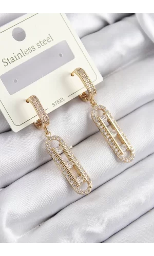 316L Çelik Zirkon Taşlı Sallantılı Messika Model Gold Renk Kadın Küpe