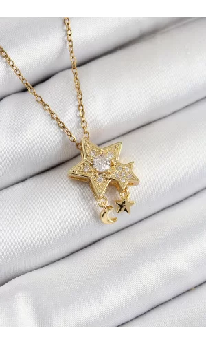 316L Çelik Zirkon Taşlı Sallantılı Yıldız Model Gold Renk Kadın Kolye